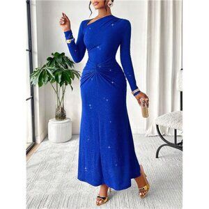 1pc Women Elegant Plain Color Asymmetric Neck Long Sleeve Tie-Knot Midi Dress